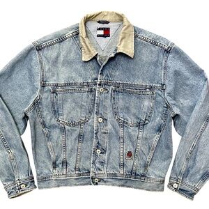 1990s Vintage Tommy Hilfiger Jeans Light Wash Denim Trucker Crest Patch Jacket